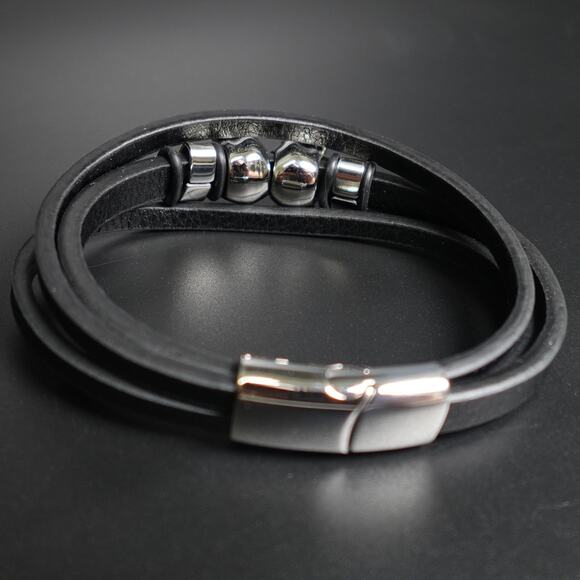 Stainless Steel Leather Bracelet W/ Skulls Accent SBR-788 - Picture 4 of 9